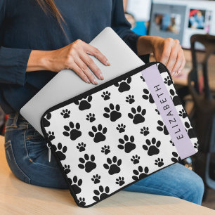Paw Pattern, Dog Paws, Black and White, Jouw naam Laptop Sleeve