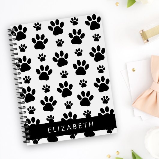 Paw Pattern, Dog Paws, Black and White, Jouw naam Notitieboek