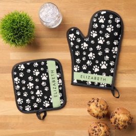 Paw Pattern, Dog Paws, Black and White, Jouw naam Ovenwant & Pannenlap Set