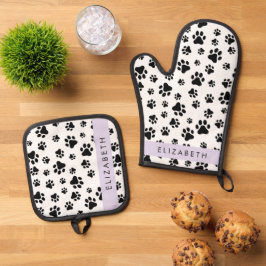 Paw Pattern, Dog Paws, Black and White, Jouw naam Ovenwant & Pannenlap Set
