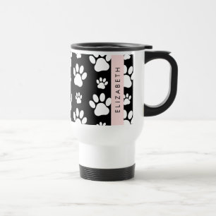 Paw Pattern, Dog Paws, Black and White, Jouw naam Reisbeker