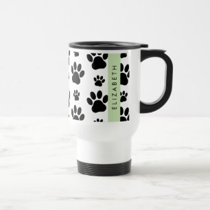 Paw Pattern, Dog Paws, Black and White, Jouw naam Reisbeker