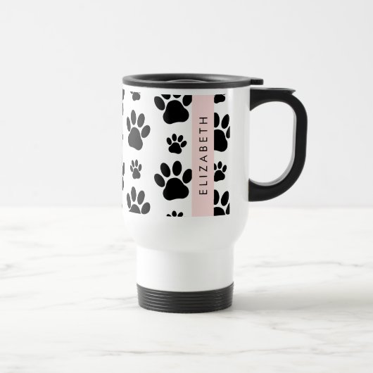 Paw Pattern, Dog Paws, Black and White, Jouw naam Reisbeker (Rechts)