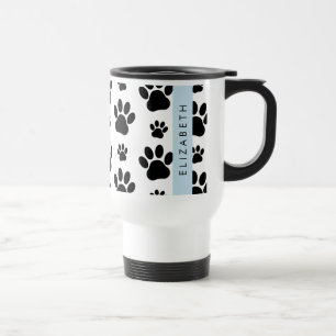 Paw Pattern, Dog Paws, Black and White, Jouw naam Reisbeker