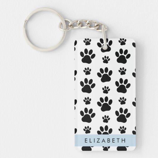 Paw Pattern, Dog Paws, Black and White, Jouw naam Sleutelhanger (Voorkant)