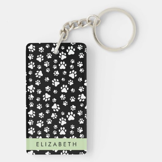 Paw Pattern, Dog Paws, Black and White, Jouw naam Sleutelhanger (achterkant)