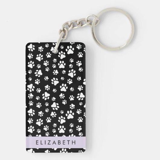 Paw Pattern, Dog Paws, Black and White, Jouw naam Sleutelhanger (achterkant)