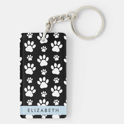 Paw Pattern, Dog Paws, Black and White, Jouw naam Sleutelhanger (achterkant)