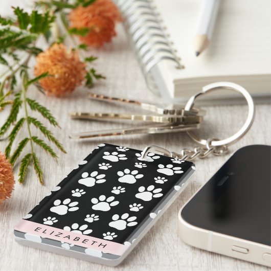 Paw Pattern, Dog Paws, Black and White, Jouw naam Sleutelhanger (Voorkant Rechts)