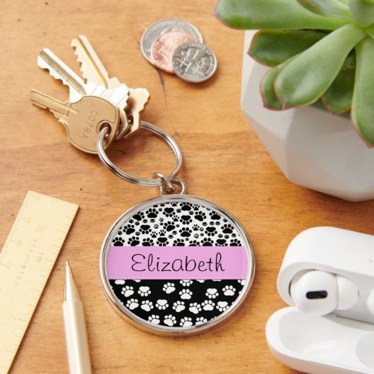 Paw Pattern, Dog Paws, Black and White, Jouw naam Sleutelhanger (Bureau)