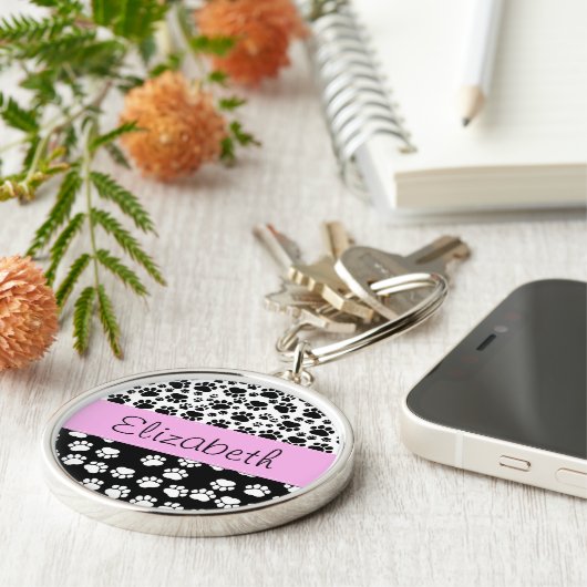 Paw Pattern, Dog Paws, Black and White, Jouw naam Sleutelhanger (Zijkant)