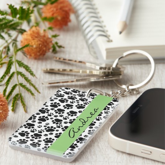 Paw Pattern, Dog Paws, Black and White, Jouw naam Sleutelhanger (Voorkant Rechts)
