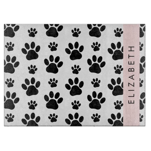 Paw Pattern, Dog Paws, Black and White, Jouw naam Snijplank (Voorkant)