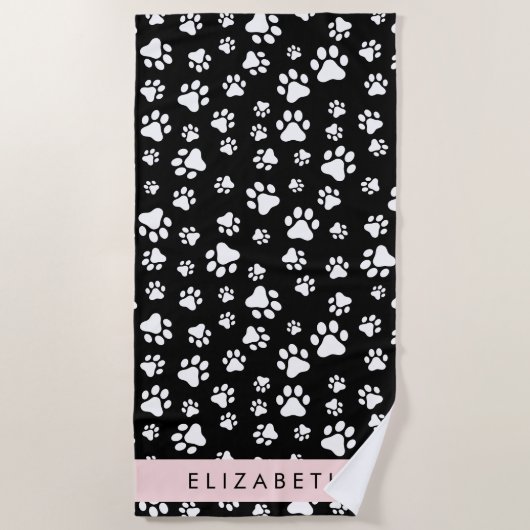 Paw Pattern, Dog Paws, Black and White, Jouw naam Strandlaken (Voorkant)