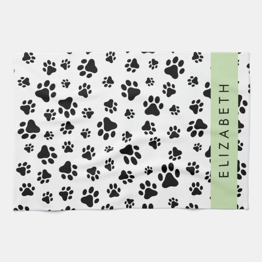 Paw Pattern, Dog Paws, Black and White, Jouw naam Theedoek (Horizontaal)