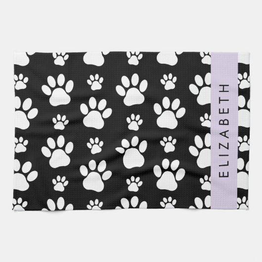 Paw Pattern, Dog Paws, Black and White, Jouw naam Theedoek (Horizontaal)