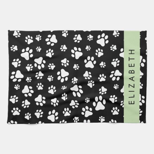 Paw Pattern, Dog Paws, Black and White, Jouw naam Theedoek (Horizontaal)