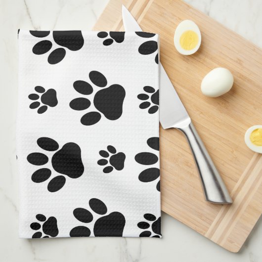 Paw Pattern, Dog Paws, Black and White, Jouw naam Theedoek (Quarter Fold)