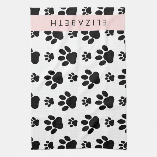 Paw Pattern, Dog Paws, Black and White, Jouw naam Theedoek (Verticaal)