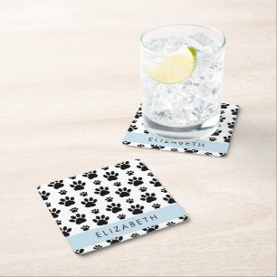 Paw Pattern, Dog Paws, Black and White, Jouw naam Vierkante Kartonnen Onderzetter