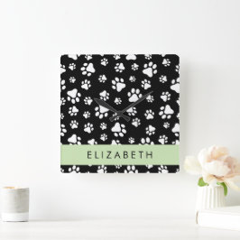 Paw Pattern, Dog Paws, Black and White, Jouw naam Vierkante Klok