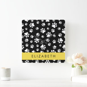 Paw Pattern, Dog Paws, Black and White, Jouw naam Vierkante Klok