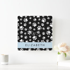 Paw Pattern, Dog Paws, Black and White, Jouw naam Vierkante Klok