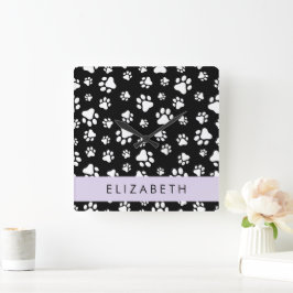 Paw Pattern, Dog Paws, Black and White, Jouw naam Vierkante Klok