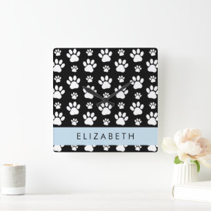Paw Pattern, Dog Paws, Black and White, Jouw naam Vierkante Klok