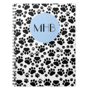 Paw Pattern, Dog Paws, Black and White, Monogram Notitieboek
