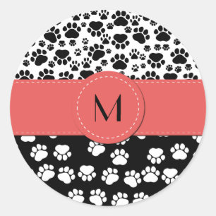 Paw Pattern, Dog Paws, Black and White, Monogram Ronde Sticker
