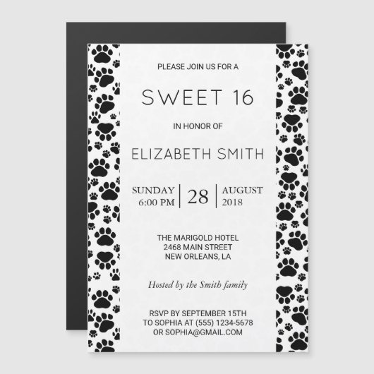 Paw Pattern, Dog Paws, Black and White, Sweet 16 Magnetische Uitnodiging (Voorkant / Achterkant)