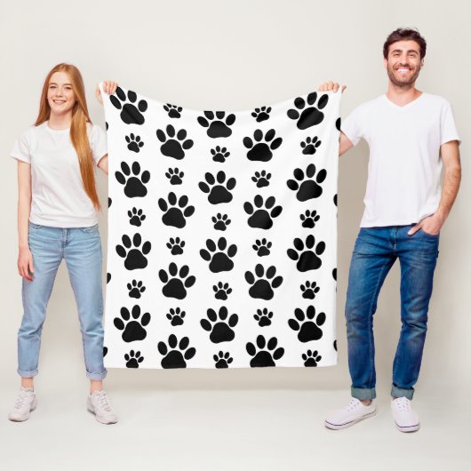 Paw Pattern, Dog Paws, Paw Prints, Black and White Fleece Deken (In situ)