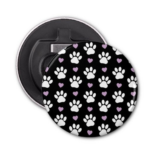 Paw Pattern, Dog Paws, White Paws, Lila Hearts Button Flesopener (Voorkant)