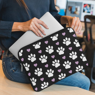 Paw Pattern, Dog Paws, White Paws, Lila Hearts Laptop Sleeve