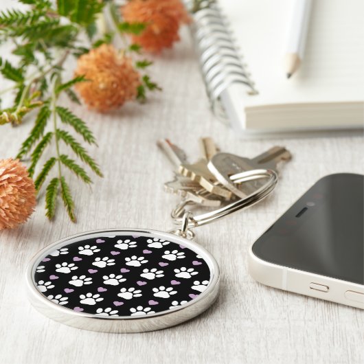 Paw Pattern, Dog Paws, White Paws, Lila Hearts Sleutelhanger (Zijkant)