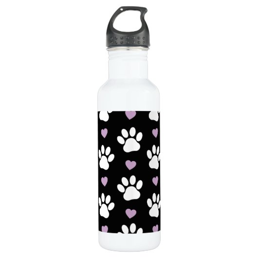 Paw Pattern, Dog Paws, White Paws, Lila Hearts Waterfles (Voorkant)