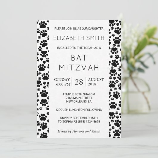 Paw Pattern, Paws, Black and White, Bat Mitzvah Kaart (Staand voorkant)