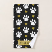 Paw Pattern, witte poten, gouden harten, Jouw naam Bad Handdoek (Handdoek)
