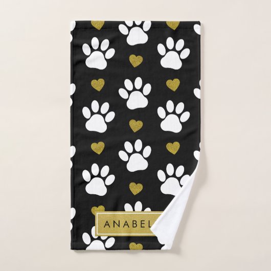 Paw Pattern, witte poten, gouden harten, Jouw naam Bad Handdoek (Handdoek)