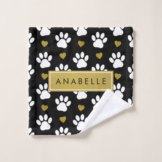 Paw Pattern, witte poten, gouden harten, Jouw naam Bad Handdoek (Wasdoekje)