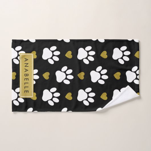 Paw Pattern, witte poten, gouden harten, Jouw naam Bad Handdoek (Handdoek)