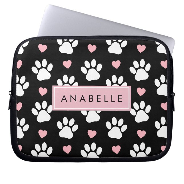 Paw Pattern, witte poten, roze harten, Jouw naam Laptop Sleeve (Voorkant)