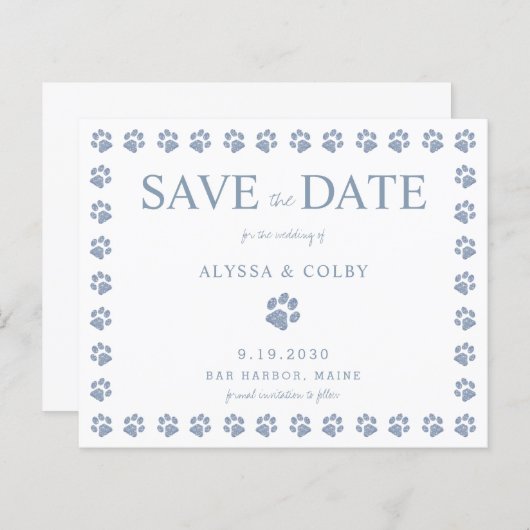 Paw Print Dusty Blue Glitter Weddenschap Save the  (Voorkant / Achterkant)
