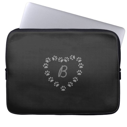 Paw Print Hart Monogram Zwart Laptop Sleeve (Voorkant)