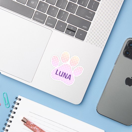 Paw Print Pastel Rainbow Polka Dots With Name Sticker (Laptop met iPhone)