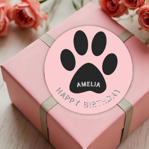 Paw Print Roze Happy Birthday Sticker met naam