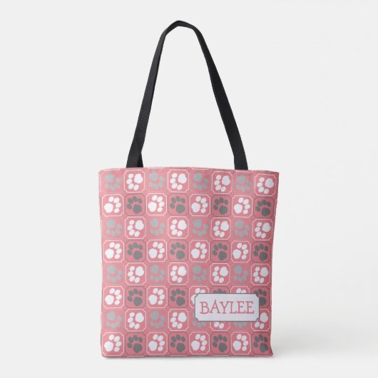 Paw Print Tegel Patroon Roze met Naam Tote Bag (Achterkant)