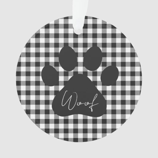 Paw Print WOOF Buffel Plaid Zwart Wit Huisdier Ple Ornament (voorkant)