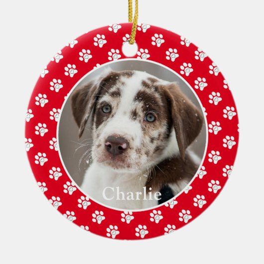 Paw Prints Aangepaste Pet Photo Dog Naam Keramisch Ornament (Voorkant)